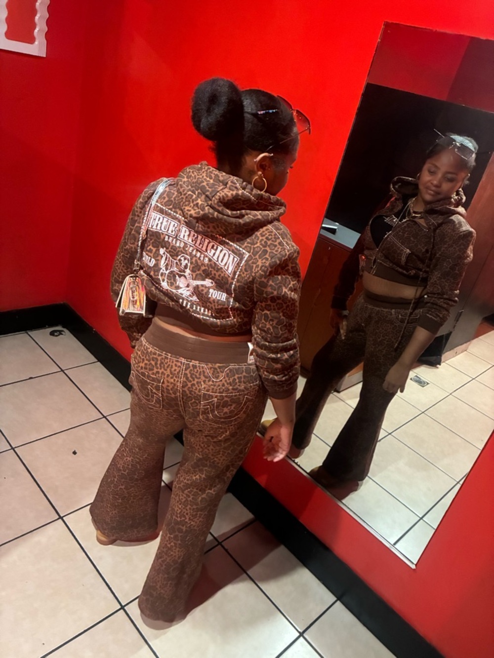 True Religion Brown Leopard Print Cropped Bomber Hoodie Set - Picture 7 of 7